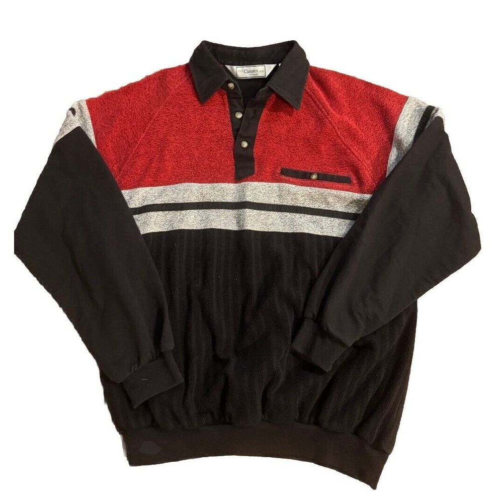 Vtg Grandpa Sweater Polo Waistband Banded Sopranos Red Black‎ Striped Large Med